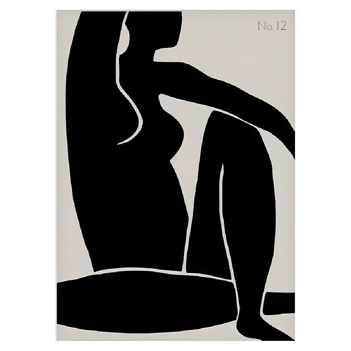Papermoon Poster - Figure No. 12, B x H: 70 x 100 cm, Mit Passepartout - Schwarze Silhouette einer sitzenden Frau, abstrakte Kunst mit der Bezeichnung "No. 12", minimalistisch und elegant für moderne Dekoration.