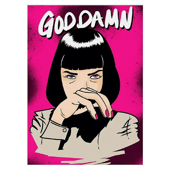 Papermoon Poster - Goodamn!, B x H: 60 x 80 cm, Mit Passepartout - "Goddamn" Poster mit einer Frau, die sich an die Lippen fasst, in lebendigen Farben und auffälligem Design.