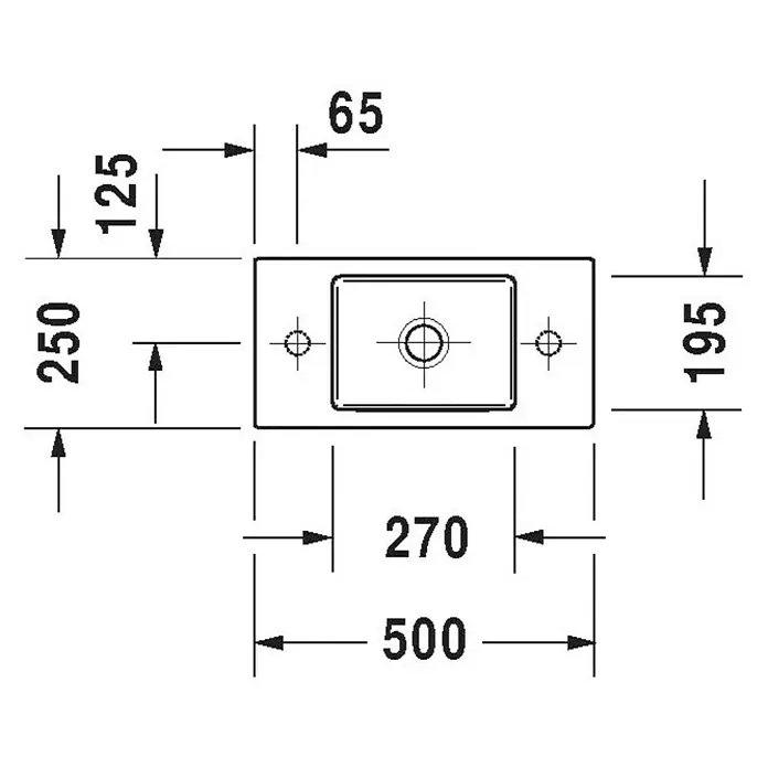 Duravit Vero Air Waschbecken - 50 x 25 cm, Ohne Spezialglasur, Hahnloch: Links, Ohne Überlauf, Weiß - Technische Zeichnung eines Aufsatzwaschbeckens mit Abmessungen für die Installation. Detaillierte Produktansicht mit Maßangaben.