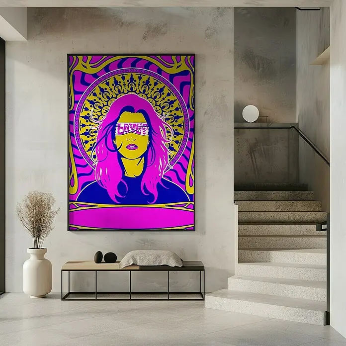 Papermoon Bild - Woman Series 1, B x H: 100 x 140 cm, Ohne Passepartout, Rahmen Schwarz - Kunstdruck mit psychedelischem Frauendesign in auffälligen Farben. Eine moderne Wanddekoration, die jedem Raum eine lebendige Note verleiht.