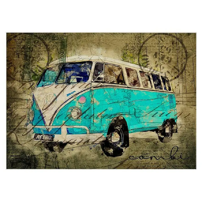 Papermoon Poster - VW Combi Tosca, B x H: 50 x 40 cm, Mit Passepartout - Illustration eines Retro-VW-Busses in Türkis und Weiß, mit Textur versehen und mit "Retro"-Schild.