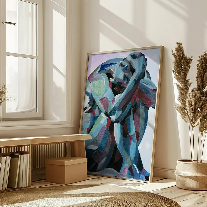 Papermoon Bild - Self Reflection, B x H: 100 x 140 cm, Ohne Passepartout, Rahmen Eiche - Das farbenfrohe Gemälde zeigt eine abstrakte, in sich gekehrte Figur in Blau- und Rottönen, die einen modernen Raum bereichert.