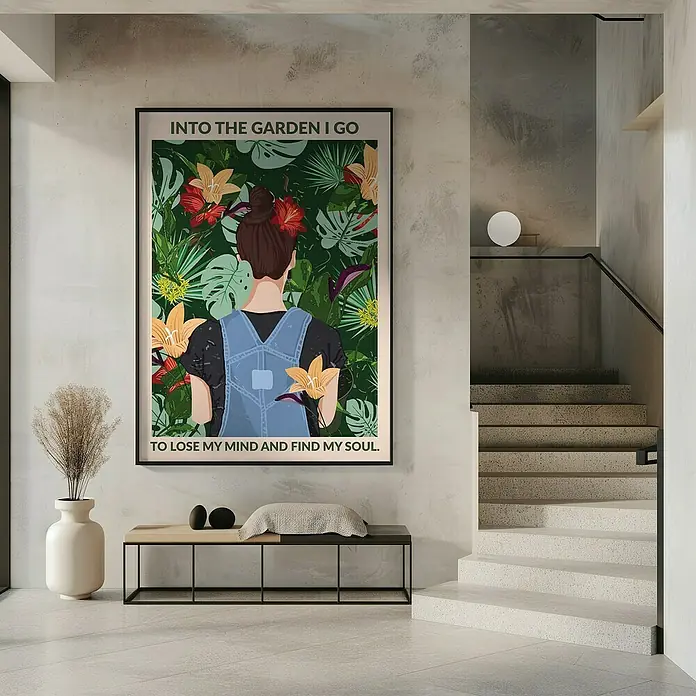 Papermoon Bild - Into the Garden, B x H: 70 x 100 cm, Ohne Passepartout, Rahmen Schwarz - Einrichtungsszene mit einem gerahmten Wandbild mit dem Text "Into the Garden I Go, To Lose My Mind And Find My Soul" im Mittelpunkt.