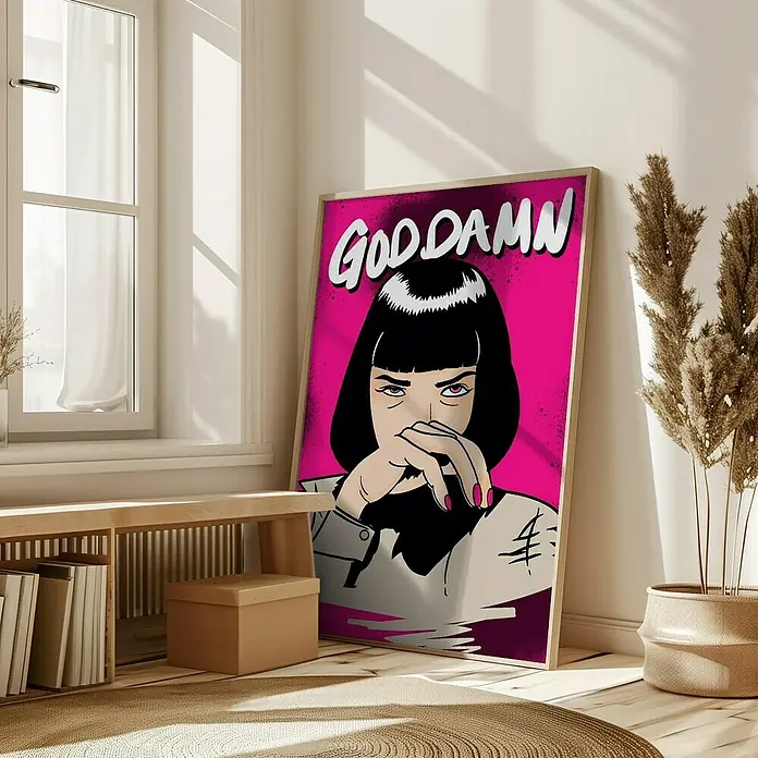 Papermoon Bild - Goodamn!, B x H: 80 x 110 cm, Mit Passepartout, Rahmen Eiche - Ein auffälliges Wandbild "Goddamn" im Pop-Art-Stil, das eine selbstbewusste Frau mit schwarzem Bob auf pinkfarbenem Hintergrund zeigt.