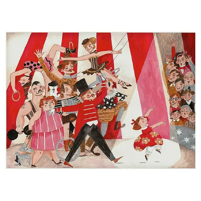 Papermoon Poster - Circus in the City, B x H: 110 x 80 cm, Mit Passepartout - Eine farbenfrohe Zirkusillustration mit Akrobaten, Clowns, einem Zirkusdirektor und einem begeisterten Publikum im Hintergrund.