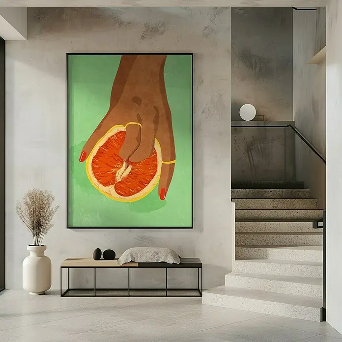 Papermoon Bild - Fruitlover, B x H: 100 x 140 cm, Mit Passepartout, Rahmen Schwarz - Ein auffälliges Kunstwerk mit einer Hand, die eine Grapefruit hält, in einem modernen Wohnraum, der eine künstlerische Note verleiht.