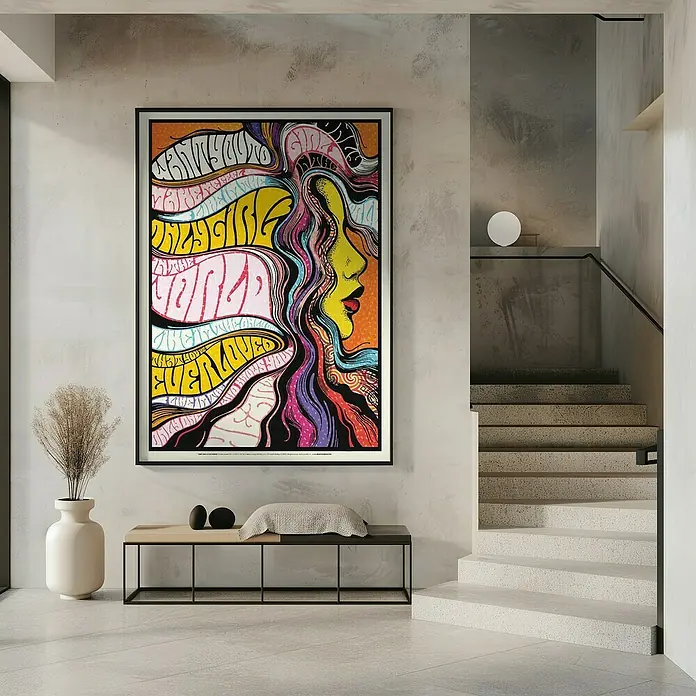 Papermoon Bild - Only Girl in World, B x H: 60 x 80 cm, Mit Passepartout, Rahmen Schwarz - Ein farbenfrohes Poster mit psychedelischem Design hängt an der Wand und verleiht dem Raum einen künstlerischen Touch.