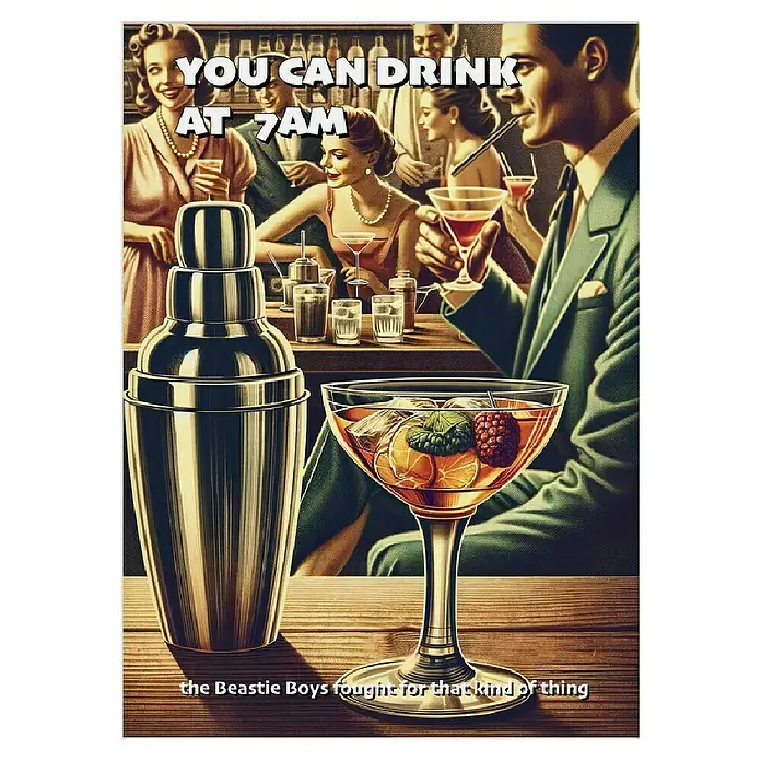 Papermoon Poster - You Can Drink at 7 AM, B x H: 80 x 110 cm, Mit Passepartout - Elegante Cocktail-Szene mit Shaker und gefülltem Glas, umgeben von stilvollen Gästen in einer Bar, die zum Genuss einlädt.