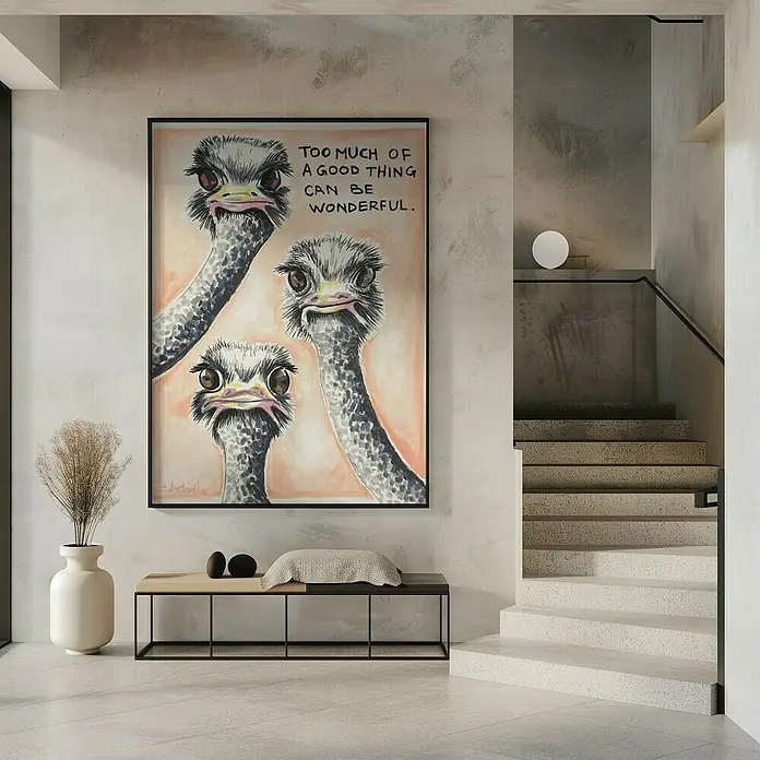 Papermoon Bild - Much of a Good Thing, B x H: 60 x 80 cm, Ohne Passepartout, Rahmen Schwarz - Ein dekoratives Wandbild mit dem Aufdruck "Too much of a good thing can be wonderful", das drei Strauße zeigt, verschönert den Raum.
