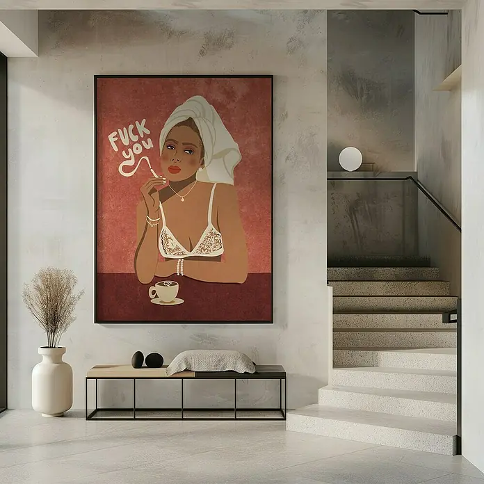 Papermoon Bild - Morning Coffee, B x H: 70 x 100 cm, Mit Passepartout, Rahmen Schwarz - Ein modernes Interieur mit einem auffälligen Kunstwerk einer Frau mit Zigarette und provokantem Schriftzug, das über einer stilvollen Bank hängt.
