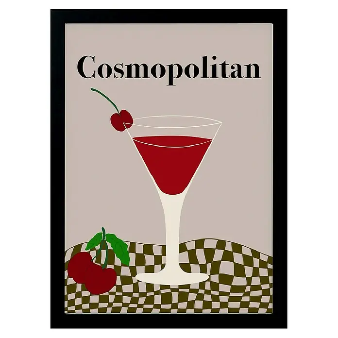 Papermoon Bild - Cosmopolitan, B x H: 40 x 50 cm, Ohne Passepartout, Rahmen Schwarz - Abbildung eines Cosmopolitan-Cocktails mit Kirschgarnitur auf einer karierten Tischdecke.