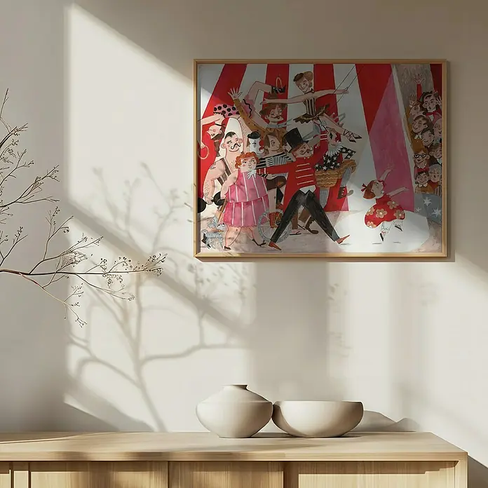 Papermoon Bild - Circus in the City, B x H: 80 x 60 cm, Ohne Passepartout, Rahmen Eiche - Ein gerahmtes Bild mit einer bunten Zirkusszene hängt an einer Wand über einem Holzschrank mit zwei cremefarbenen Vasen darauf.