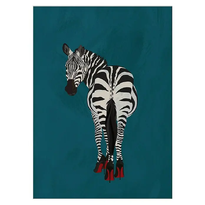 Papermoon Poster - Zebra Heels, B x H: 80 x 110 cm, Mit Passepartout - Grafik eines Zebras in roten High Heels auf blaugrünem Grund, das seinen Kopf über die Schulter dreht, modisch und ungewöhnlich.