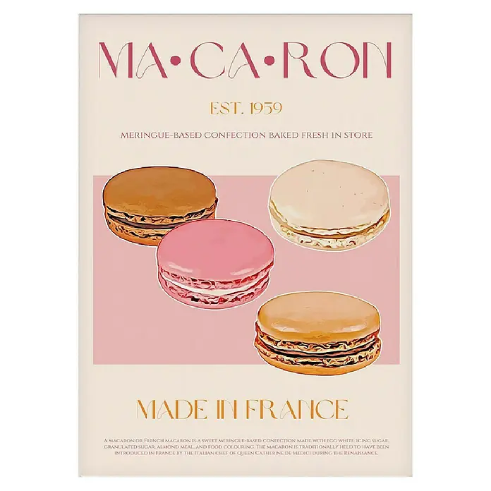 Papermoon Poster - French Macaron, B x H: 50 x 70 cm, Mit Passepartout - Ein appetitliches Bild von Macarons in verschiedenen Farben, die in einem französischen Stil präsentiert werden.