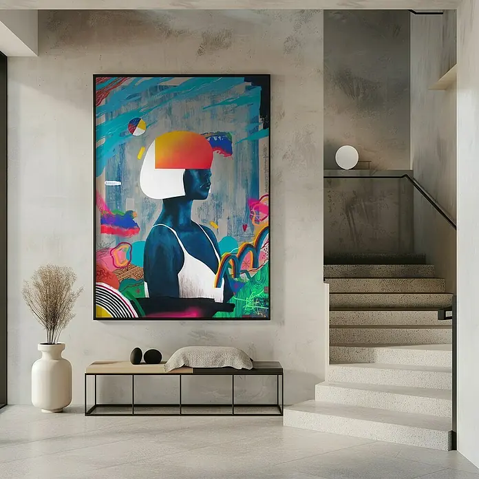 Papermoon Bild - Blue Girl, B x H: 70 x 100 cm, Ohne Passepartout, Rahmen Schwarz - Eindrucksvolles Gemälde mit einer Frau mit buntem Hut, das über einer Bank mit Dekoration und einer Vase mit Gras hängt.
