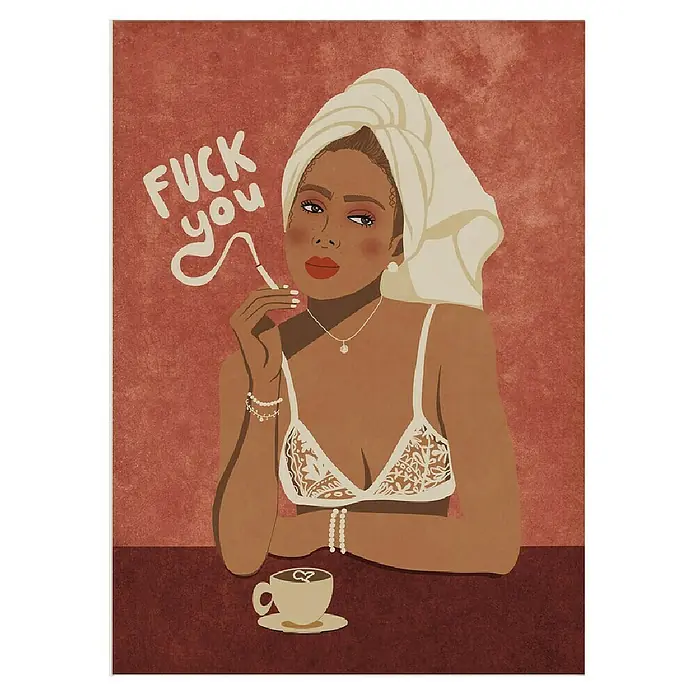 Papermoon Poster - Morning Coffee, B x H: 80 x 110 cm, Mit Passepartout - Illustration einer Frau mit Handtuch auf dem Kopf, die eine Zigarette hält und eine Tasse Kaffee auf dem Tisch hat.
