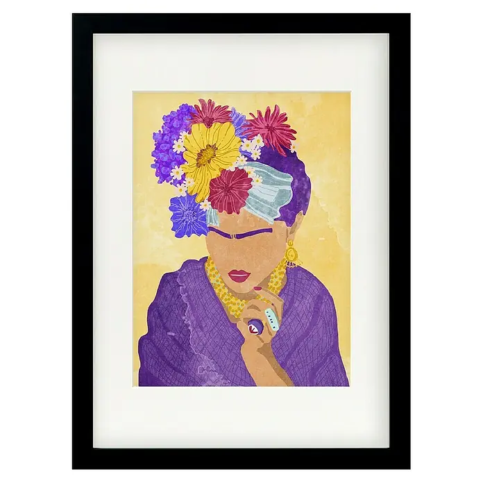 Papermoon Bild - Frida and Flowers, B x H: 80 x 110 cm, Mit Passepartout, Rahmen Schwarz - Gerahmtes Porträt einer Frau mit Blumenkranz und lila Kleid, das eine künstlerische und kulturelle Note in jeden Raum bringt.