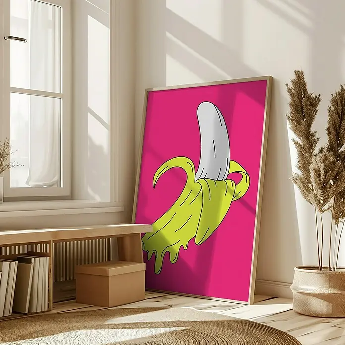 Papermoon Bild - Melting Pink Banana, B x H: 60 x 80 cm, Ohne Passepartout, Rahmen Eiche - Ein modernes Poster mit einer stilisierten Banane auf pinkfarbenem Hintergrund, das jedem Raum einen frischen Touch verleiht. Ideal für Küche oder Wohnzimmer.