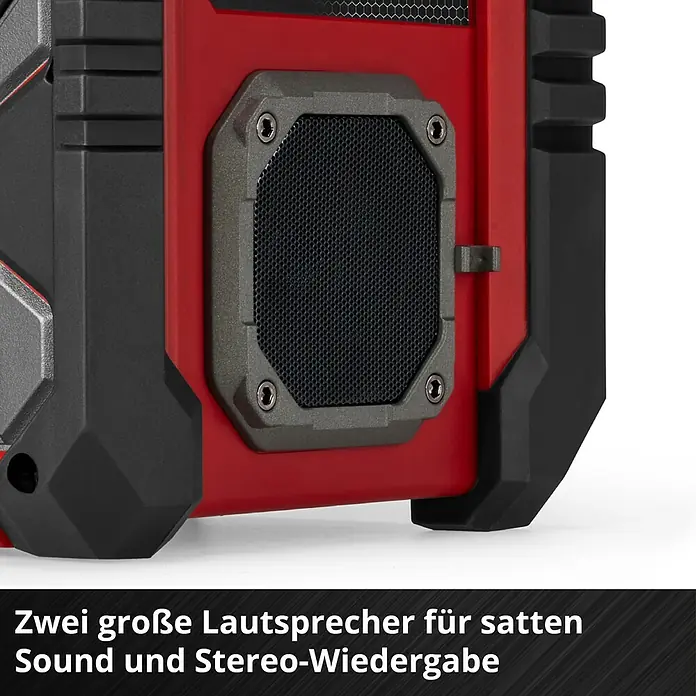 Einhell Power X-Change 18V Akku-Baustellenradio TE-CR 18 Li DAB+/FM/BT - Solo - 18 V, Ohne Akku, Bluetooth - Nahaufnahme eines robusten Lautsprechers mit roter und schwarzer Farbgebung.