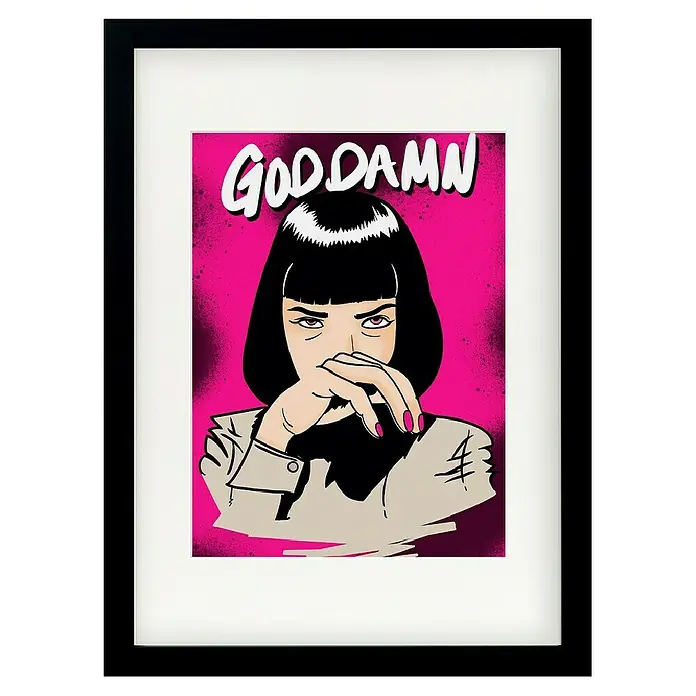 Papermoon Bild - Goodamn!, B x H: 80 x 110 cm, Mit Passepartout, Rahmen Schwarz - Gerahmtes Wandbild mit einem Comic-Porträt einer Frau mit dem Schriftzug "GODDAMN" vor pinkfarbenem Hintergrund.