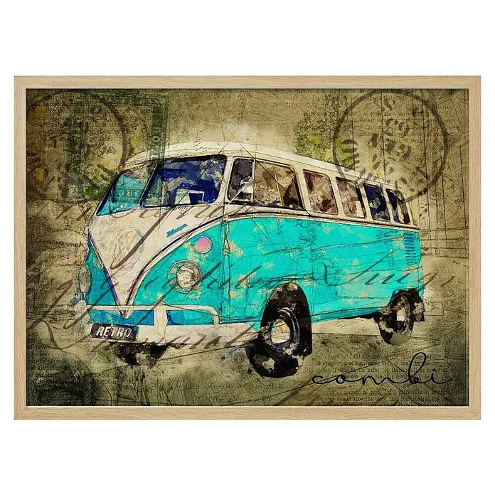 Papermoon Bild - VW Combi Tosca, B x H: 100 x 70 cm, Ohne Passepartout, Rahmen Eiche - Ein dekoratives Kunstwerk mit einem Retro-VW-Bus, das mit einer Mischung aus Texturen und Schriftzügen eine Vintage-Atmosphäre schafft.