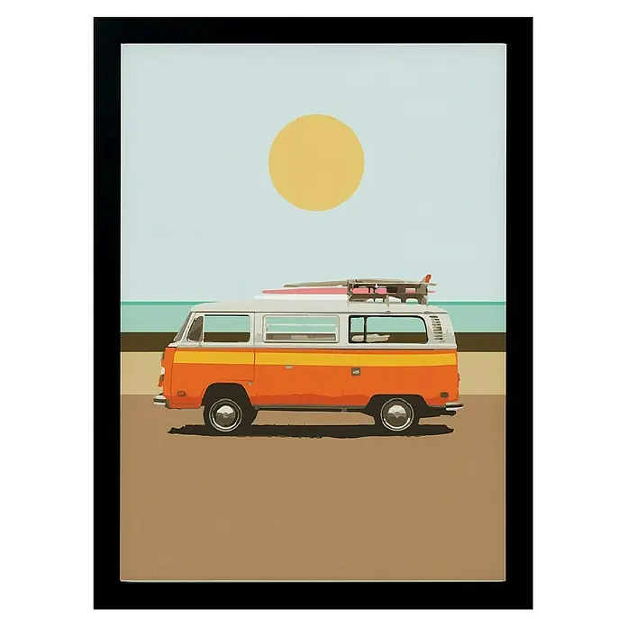 Papermoon Bild - Road Trip 1, B x H: 100 x 140 cm, Ohne Passepartout, Rahmen Schwarz - Ein VW-Bus mit Surfbrettern auf dem Dach, vor einem Strand, unter einer gelben Sonne. Ein nostalgisches Reisegefühl für Surfliebhaber.