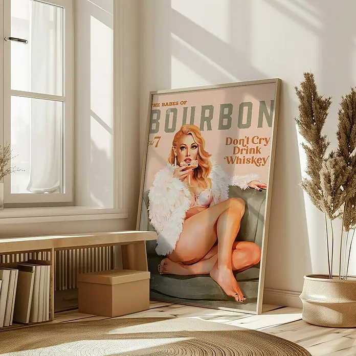 Papermoon Bild - Babes of Boubon Vol. 7, B x H: 100 x 140 cm, Mit Passepartout, Rahmen Eiche - Bourbon-Damen Poster: Eine Hommage an Vintage-Ästhetik, die mit ihrem provokanten Charme jeden Raum aufwertet. Ein echter Blickfang!