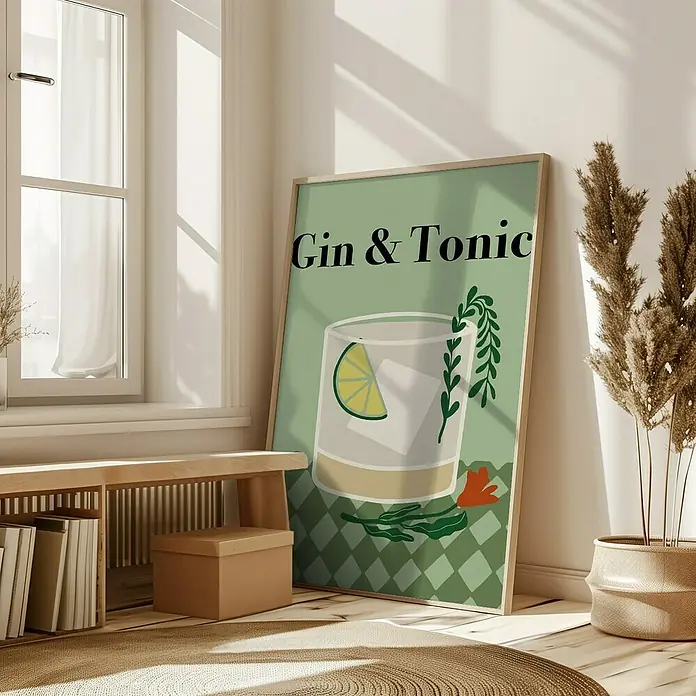 Papermoon Bild - Gin a Tonic, B x H: 80 x 110 cm, Mit Passepartout, Rahmen Eiche - Ein Gin & Tonic Wandbild im Rahmen, das eine stilvolle und erfrischende Atmosphäre in jeden Raum bringt. Perfekt für Cocktail-Liebhaber!