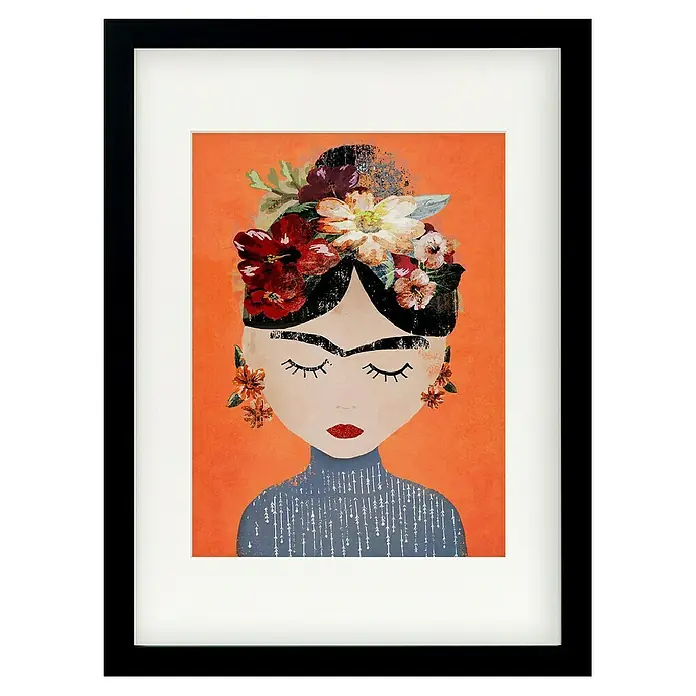 Papermoon Bild - Treechild Frida Orange, B x H: 50 x 70 cm, Mit Passepartout, Rahmen Schwarz - Gerahmtes Frida-Kahlo-Porträt mit Blumenkrone, das eine Wandkunst mit lebendigen Farben und künstlerischem Flair zeigt.