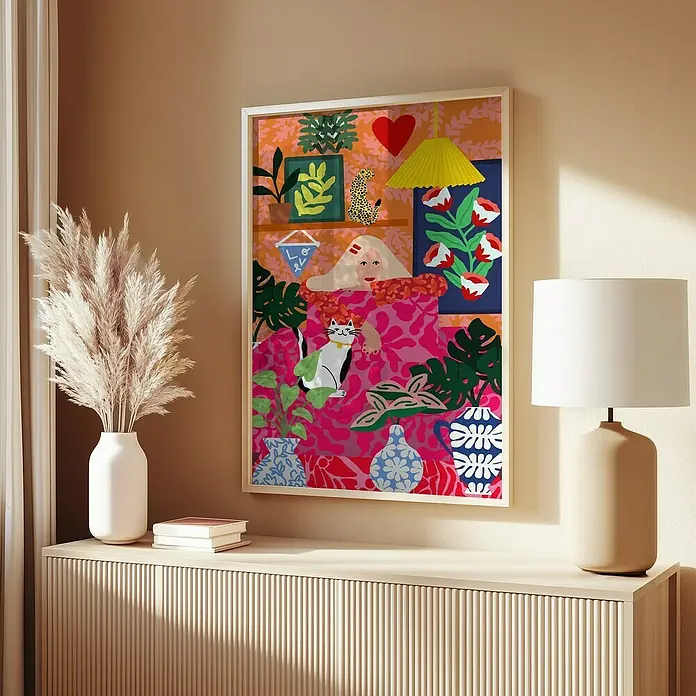 Papermoon Bild - Cat Lady, B x H: 80 x 110 cm, Mit Passepartout, Rahmen Eiche - Stilvolles Poster mit Katzen- und Pflanzenmotiv, gerahmt und bereit zur Aufwertung jeder Inneneinrichtung mit lebendigen Farben und einzigartigem Design.