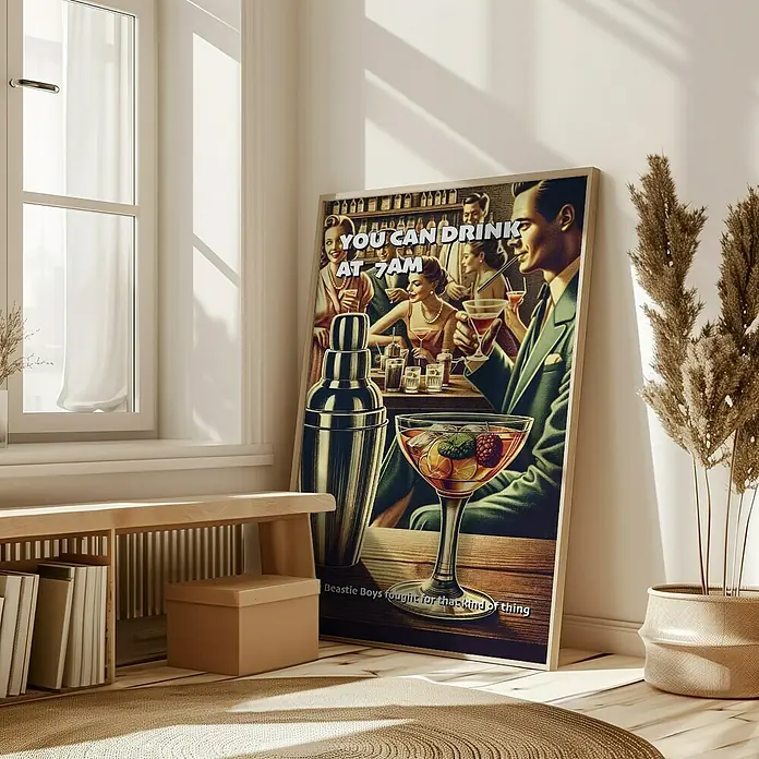 Papermoon Bild - You can Drink at 7 AM, B x H: 70 x 100 cm, Mit Passepartout, Rahmen Eiche - Dieses Kunstwerk zeigt eine stilvolle Barszene mit dem humorvollen Schriftzug "You can drink at 7 AM". Ein echter Hingucker für jede Bar oder Wohnung.