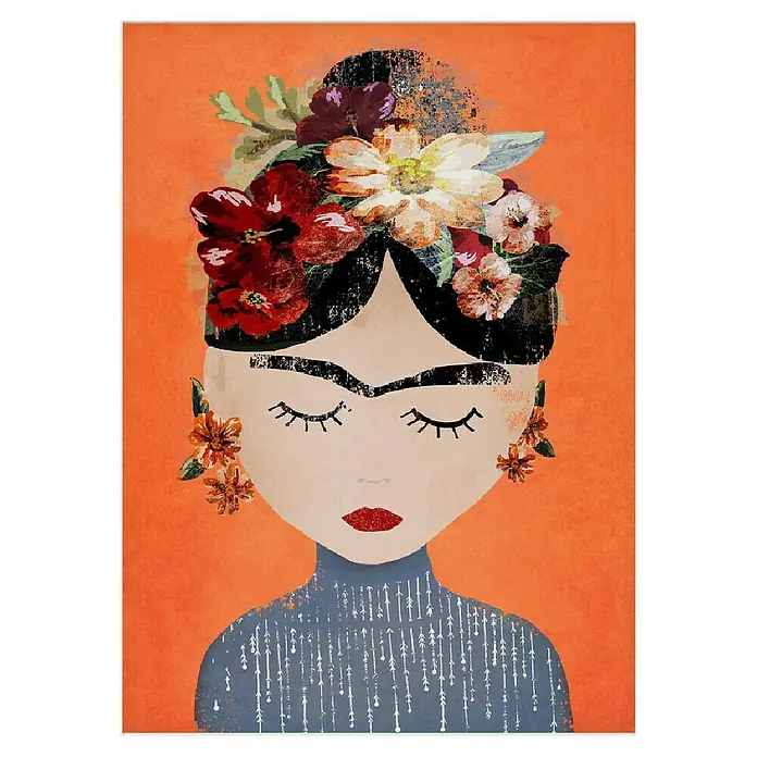 Papermoon Poster - Treechild Frida Orange, B x H: 40 x 50 cm, Mit Passepartout - Kunstvolles Porträt im Frida-Kahlo-Stil, das Blumen, leuchtende Farben und eine moderne Interpretation klassischer Kunst vereint.