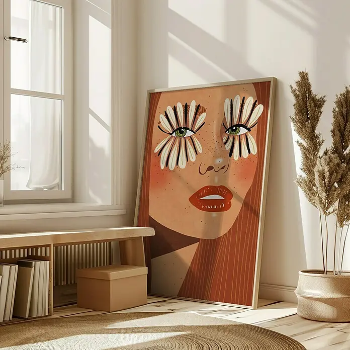 Papermoon Bild - Flower Eyes, B x H: 40 x 50 cm, Ohne Passepartout, Rahmen Eiche - Stilvolles Poster mit einem abstrakten Frauenporträt, das mit Blumenakzenten und warmen Farbtönen eine moderne Note in jeden Raum bringt.