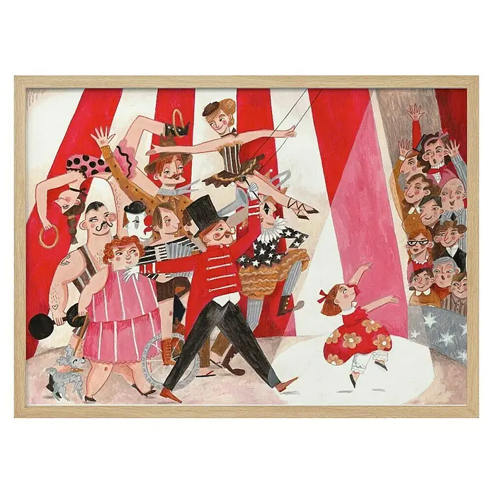 Papermoon Bild - Circus in the City, B x H: 80 x 60 cm, Ohne Passepartout, Rahmen Eiche - Farbenfrohes Zirkusbild mit Akrobaten, Dompteur und Publikum, eingefasst in einem hellen Holzrahmen für eine lebendige Wanddekoration.
