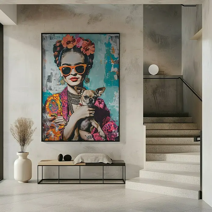 Papermoon Bild - Frida Chihuahua, B x H: 40 x 50 cm, Ohne Passepartout, Rahmen Schwarz - Kunstvolles Frida Kahlo Wandbild mit Hund, das über einer modernen Bank und einer Vase mit Ziergras im Flur hängt. Stilvolle Dekoration für den Wohnraum.