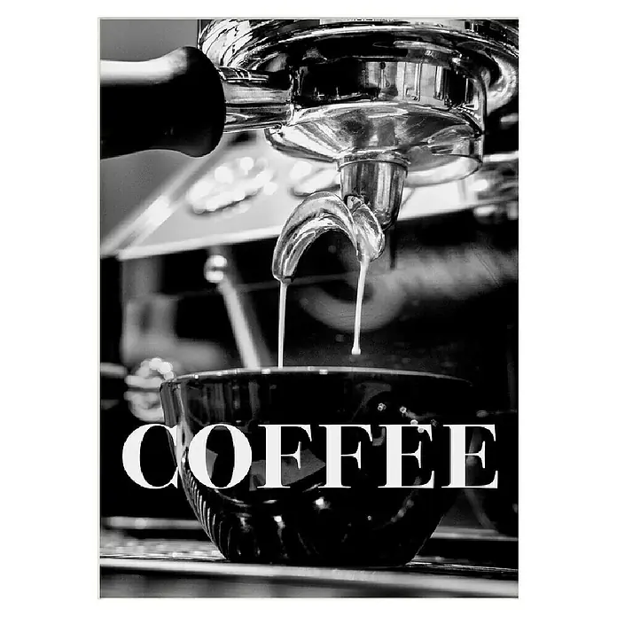Papermoon Poster - Coffee Text, B x H: 50 x 70 cm, Mit Passepartout - Espresso läuft in eine Tasse, der Schriftzug "COFFEE" ist im Bild platziert.