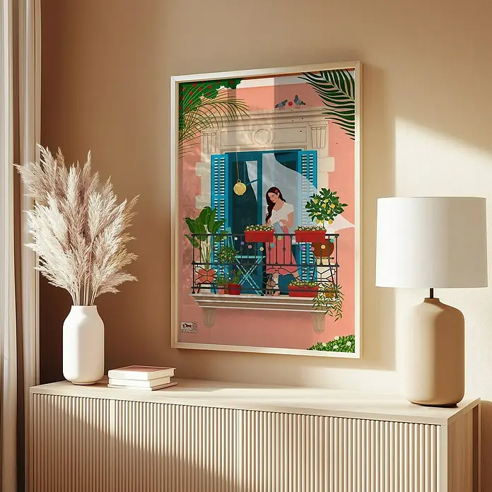 Papermoon Bild - Barcelona, B x H: 80 x 110 cm, Ohne Passepartout, Rahmen Eiche - Gerahmtes Wandbild mit einem Balkon, dekoriert mit Blumen und einer Frau, die sich um die Pflanzen kümmert, für eine warme Atmosphäre.