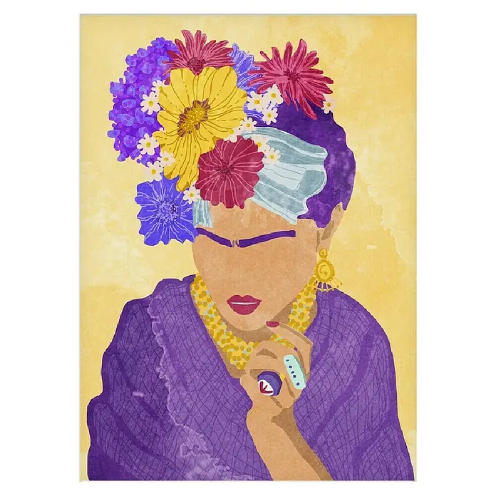 Papermoon Poster - Frida and Flowers, B x H: 40 x 50 cm, Mit Passepartout - Illustration von Frida Kahlo mit Blumenkrone, Ohrringen und einem auffälligen Ring, die ihren künstlerischen und kulturellen Stil betont.