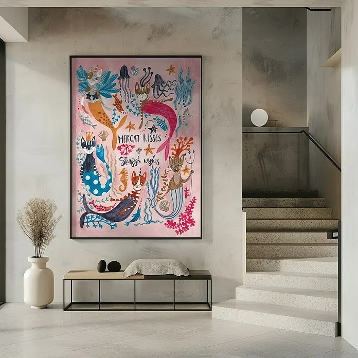 Papermoon Bild - Mercats and Caticorns, B x H: 40 x 50 cm, Mit Passepartout, Rahmen Schwarz - Das farbenfrohe Gemälde "Mercat Kisses and Starfish Wishes" mit Meerkatzen-Motiven in einem modernen Interieur.