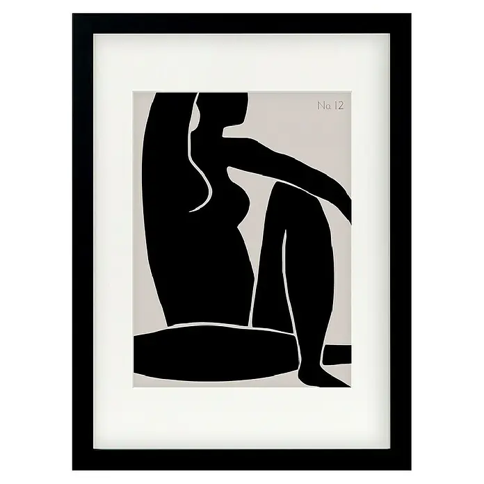 Papermoon Bild - Figure No. 12, B x H: 80 x 110 cm, Mit Passepartout, Rahmen Schwarz - Gerahmtes Kunstwerk mit einer abstrakten Darstellung einer sitzenden Figur in Schwarz auf beigem Hintergrund, die mit einer weißen Passepartout betont wird.