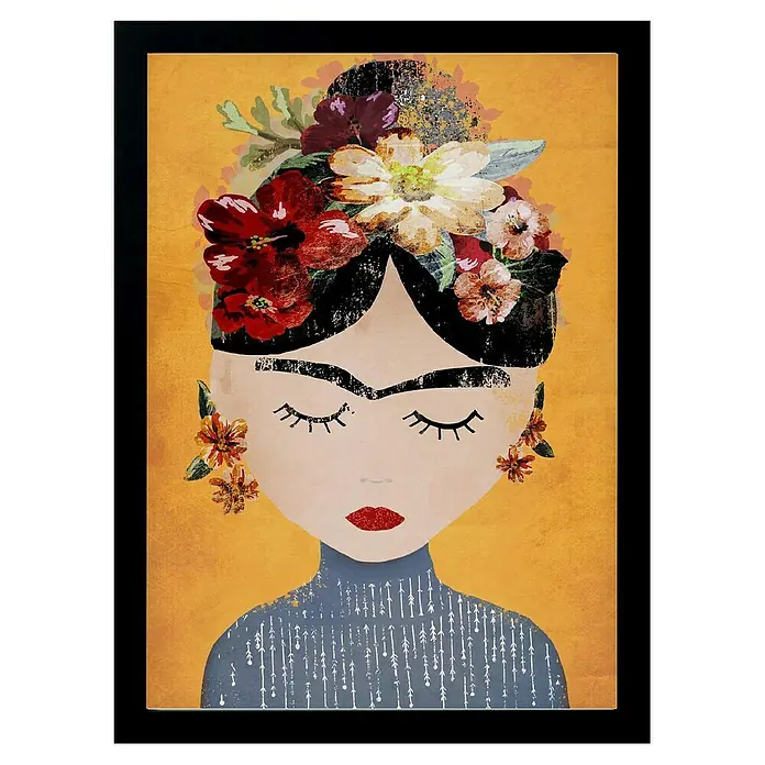 Papermoon Bild - Treechild Frida Gelb, B x H: 70 x 100 cm, Ohne Passepartout, Rahmen Schwarz - Frida Kahlo Kunstdruck mit leuchtenden Blumen, die eine Hommage an ikonische Kunst sind. Ein elegantes Dekorationsstück mit kultureller Tiefe.