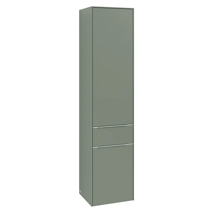 Villeroy & Boch Subway 3.0 Hochschrank - B x T x H: 40 x 36,2 x 171 cm, 1x Schublade, 2x Tür, Soft Green, Farbe Griff: Aluminium glänzend, DIN Anschlag: Links - Schmaler, moderner, khaki-farbener Schrank mit zwei Schubladen und schlichten, silbernen Griffen, ideal für Stauraum.