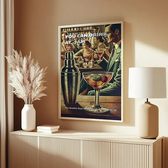 Papermoon Bild - You can Drink at 7 AM, B x H: 70 x 100 cm, Mit Passepartout, Rahmen Eiche - Stilvolles Poster mit Cocktailmotiv, das eine entspannte Baratmosphäre und den Spruch "You can drink at 7 AM" zeigt.