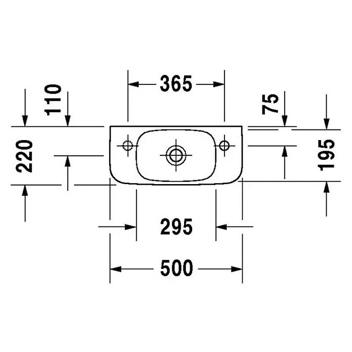 Duravit DuraStyle Waschbecken - 50 x 22 cm, Ohne Spezialglasur, Hahnloch: Links, Ohne Überlauf, Weiß - Technische Zeichnung eines Waschbeckens mit Bemaßungen, die die Abmessungen für Installation und Design zeigen.