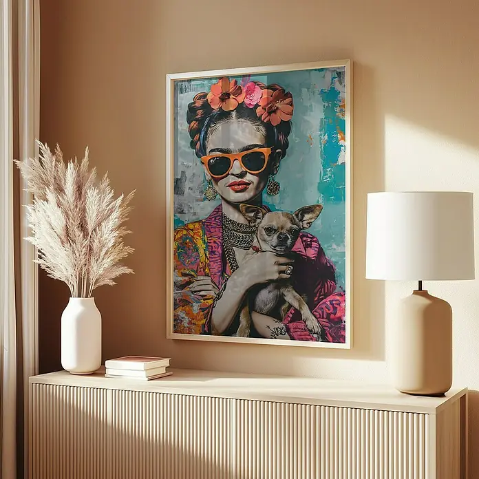Papermoon Bild - Frida Chihuahua, B x H: 60 x 80 cm, Mit Passepartout, Rahmen Eiche - Ein stilvolles Interieur mit einem Frida Kahlo-Kunstdruck, der die Wand ziert, ergänzt durch eine elegante Kommode, eine Lampe und dekorative Elemente.