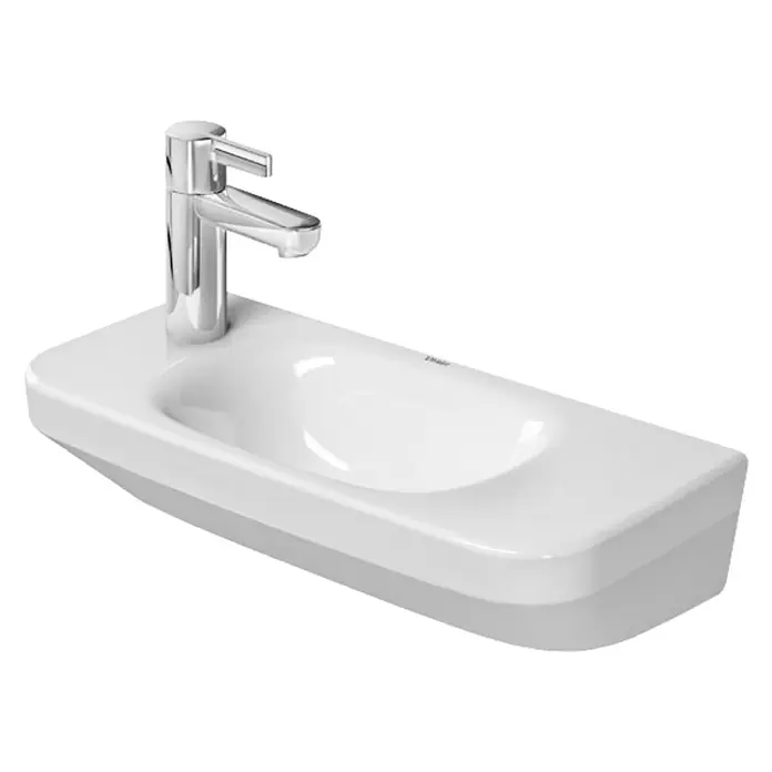 Duravit DuraStyle Waschbecken - 50 x 22 cm, Ohne Spezialglasur, Hahnloch: Links, Ohne Überlauf, Weiß - Nahaufnahme eines weißen Keramik-Waschbeckens mit Chromarmatur, das modernes Baddesign zeigt.