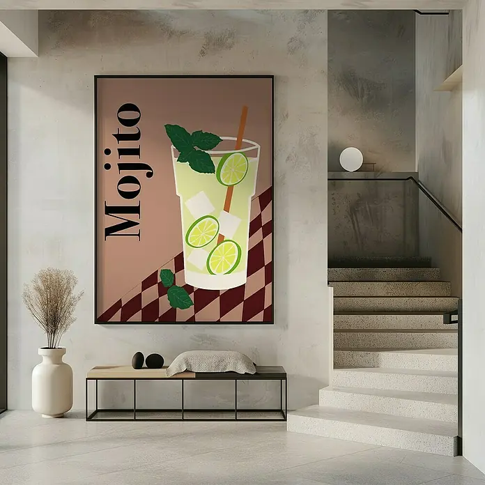 Papermoon Bild - Mojito, B x H: 50 x 70 cm, Ohne Passepartout, Rahmen Schwarz - Das Bild zeigt ein stilvolles Mojito-Wandbild mit erfrischenden Limetten und Minze, ideal für eine moderne Raumgestaltung.