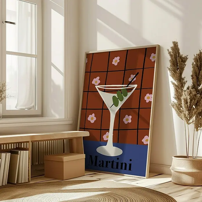 Papermoon Bild - Martini, B x H: 60 x 80 cm, Ohne Passepartout, Rahmen Eiche - Poster mit Martini-Cocktail-Motiv, braunem Hintergrund, Blumenmuster und blauer Aufschrift "Martini". Stilvolle Dekoration für Wohnräume.
