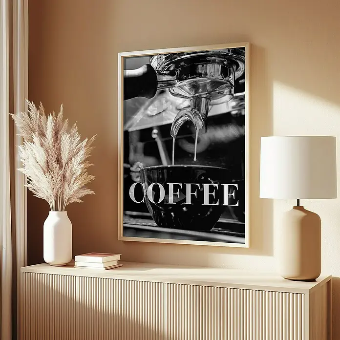 Papermoon Bild - Coffee Text, B x H: 50 x 70 cm, Mit Passepartout, Rahmen Eiche - Schwarzes und weißes Kaffeebild mit elegantem Rahmen. Dekorative Illustration für Kaffeeliebhaber in jedem Raum.
