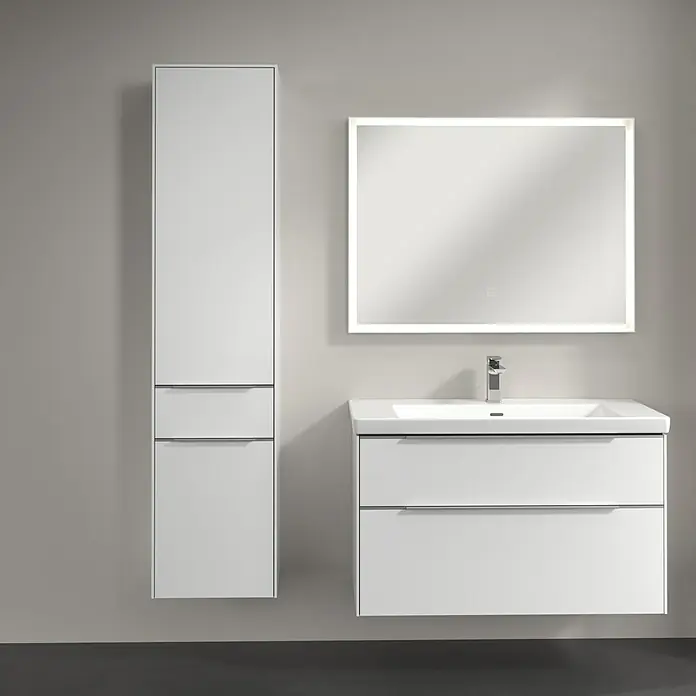 Villeroy & Boch Subway 3.0 Hochschrank - B x T x H: 40 x 36,2 x 171 cm, 1x Schublade, 2x Tür, Brilliant White, Farbe Griff: Aluminium glänzend, DIN Anschlag: Links - Badezimmer-Set mit Waschtischunterschrank, Waschbecken, Spiegelschrank mit Beleuchtung und Hochschrank in schlichtem, modernem Design.